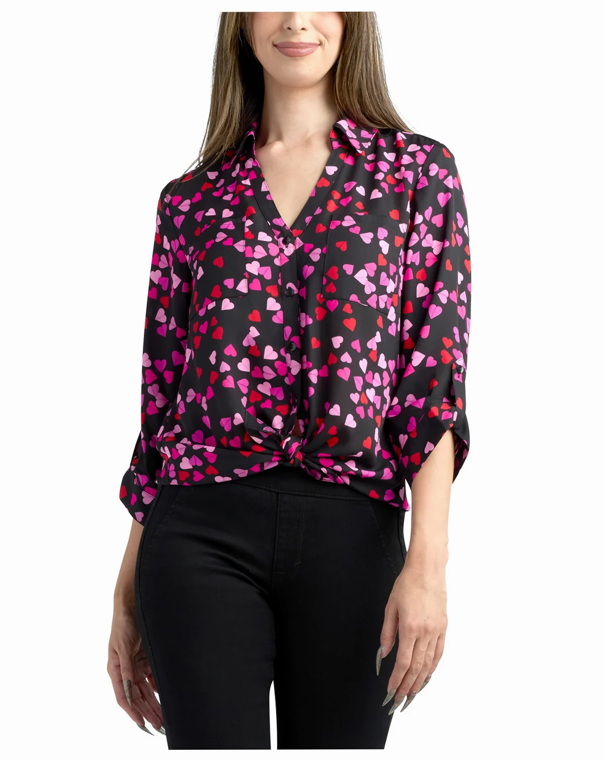 Juniors' Printed Button Up Collar Top