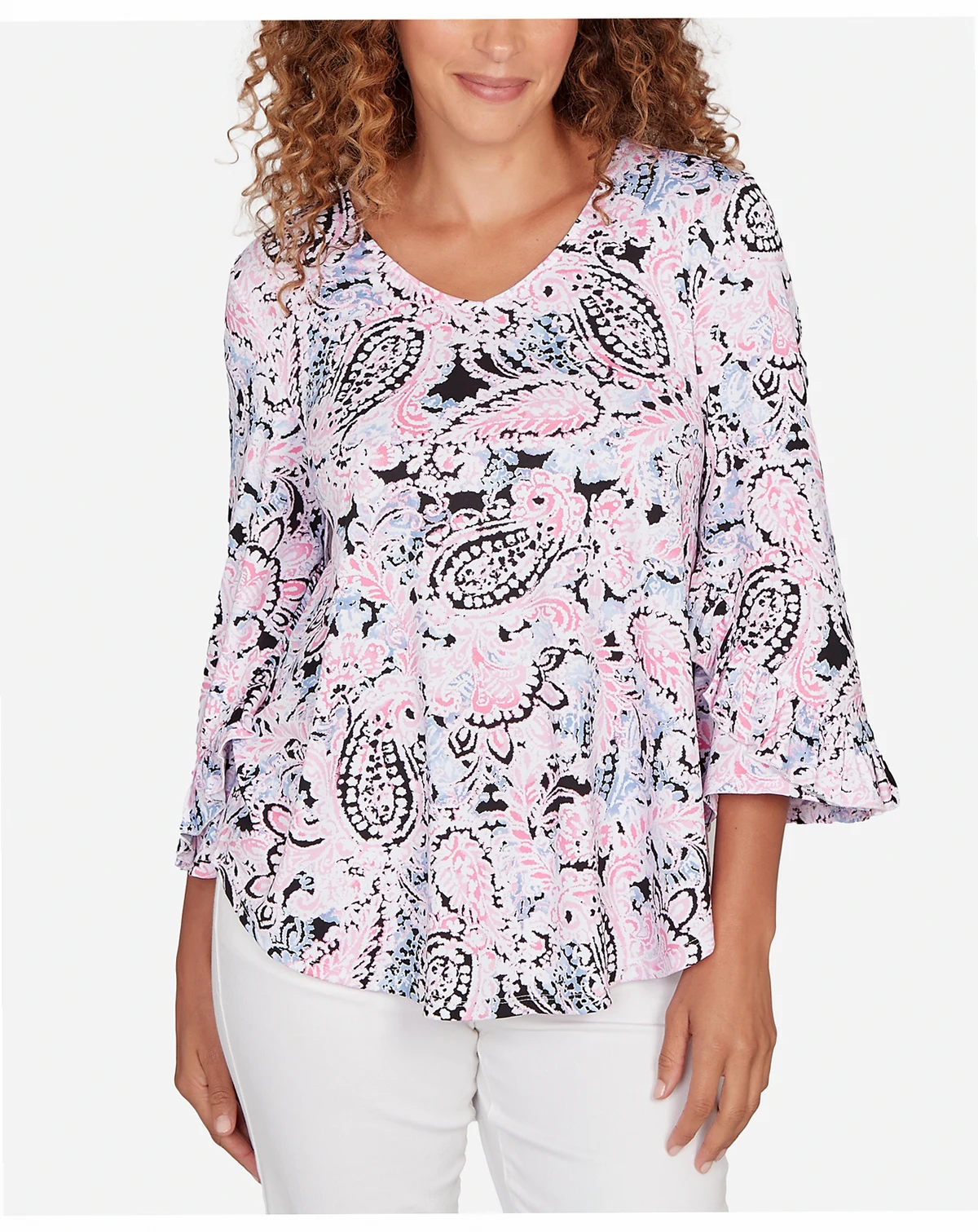 Petite Paisley Ruffle Sleeve Knit Top