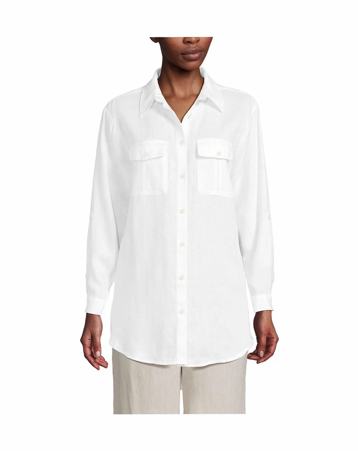 Women's Linen Roll Sleeve Relaxed Tunic Top