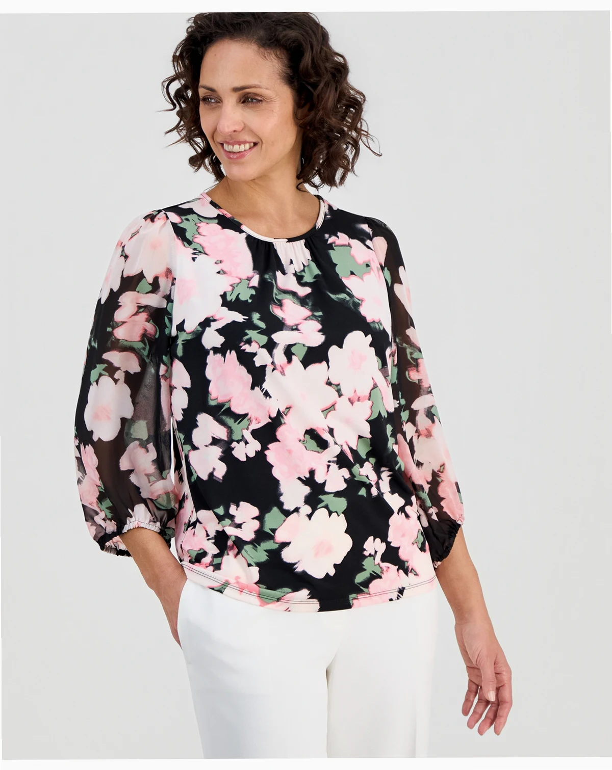 Women's Floral-Print 3/4-Sleeve Top, Regular & Petite
