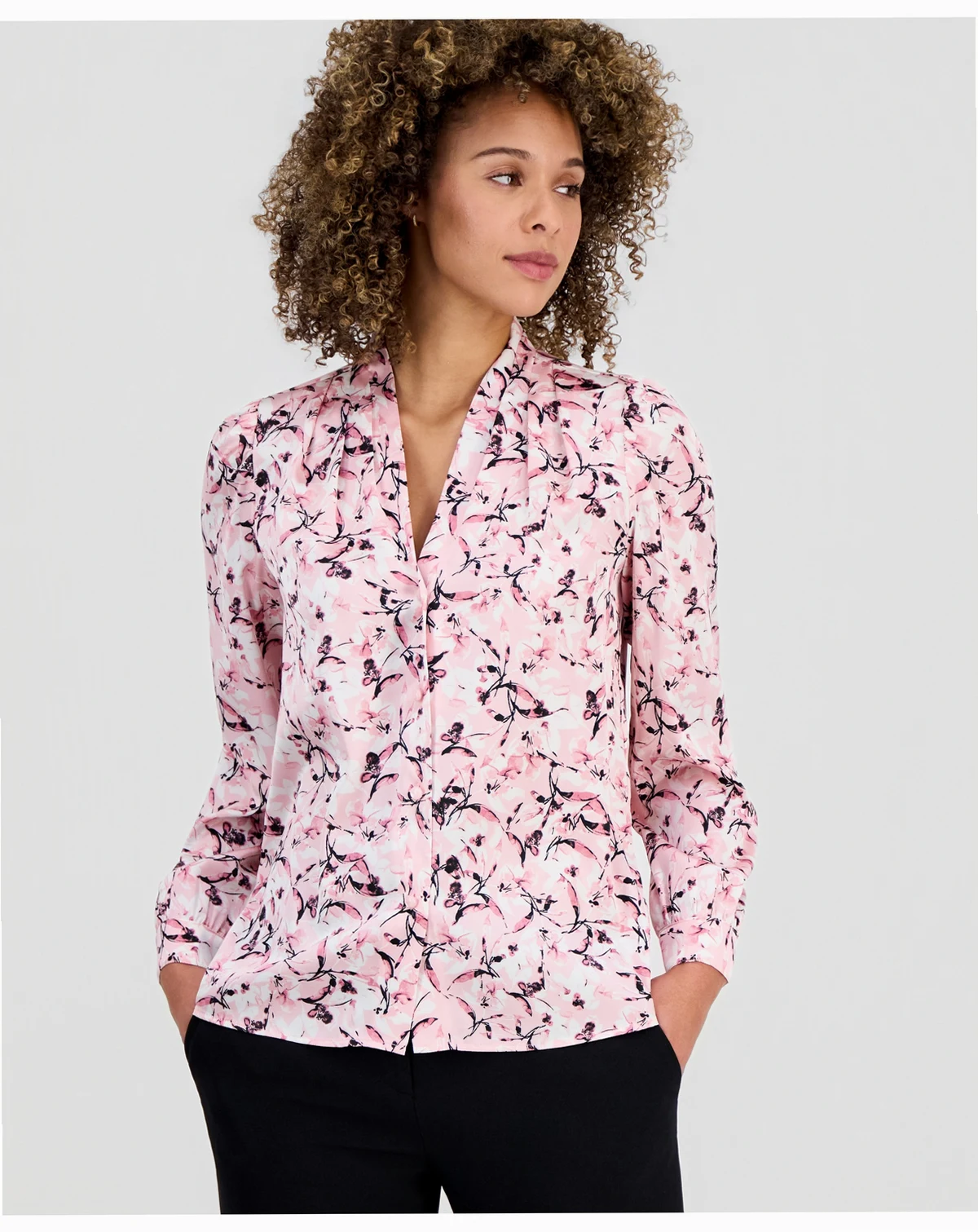 Women's Printed V-Neck Button-Front Blouse