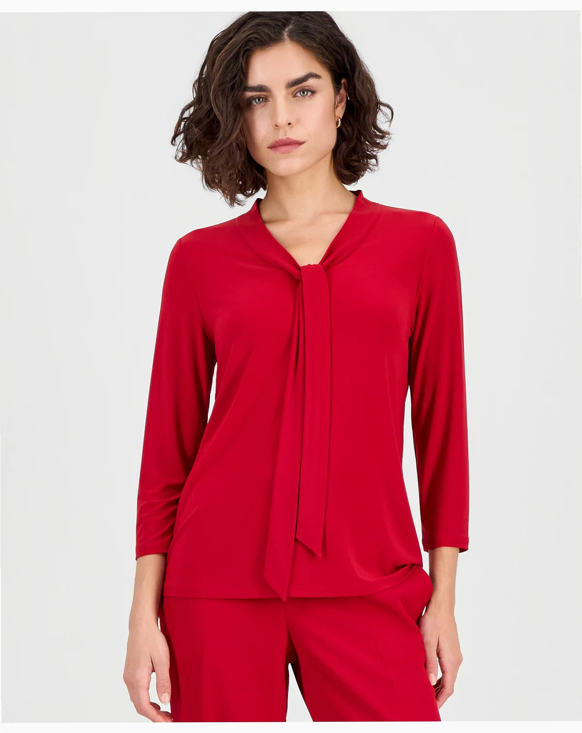 Women's 3/4-Sleeve Tie-Neck Top, Regular & Petite