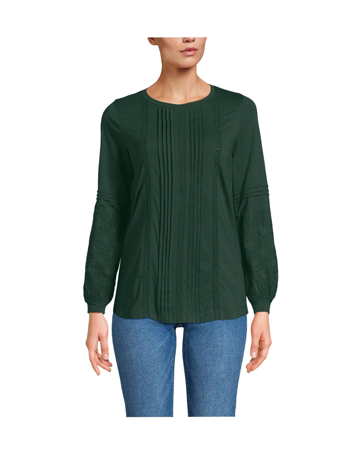 Women's Lightweight Jersey Lace Mix Long Sleeve Pintuck Top