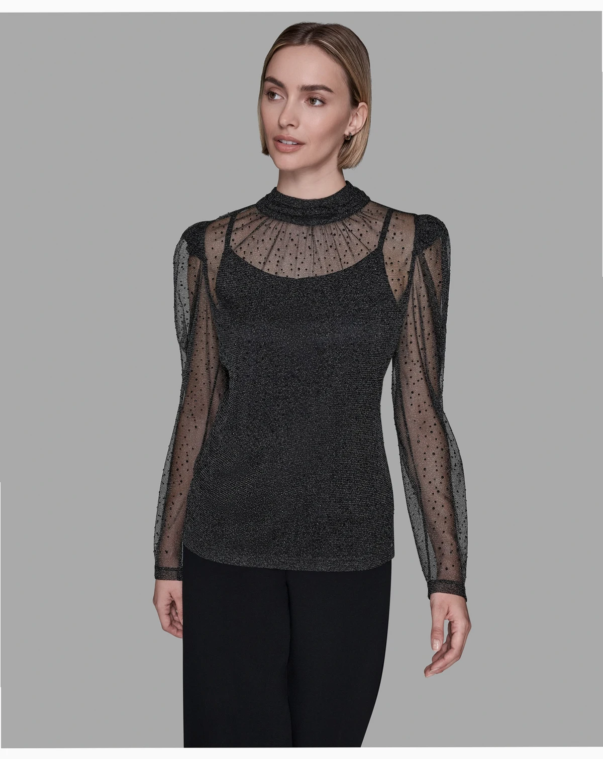 Women's Metallic Mesh High Neck Top