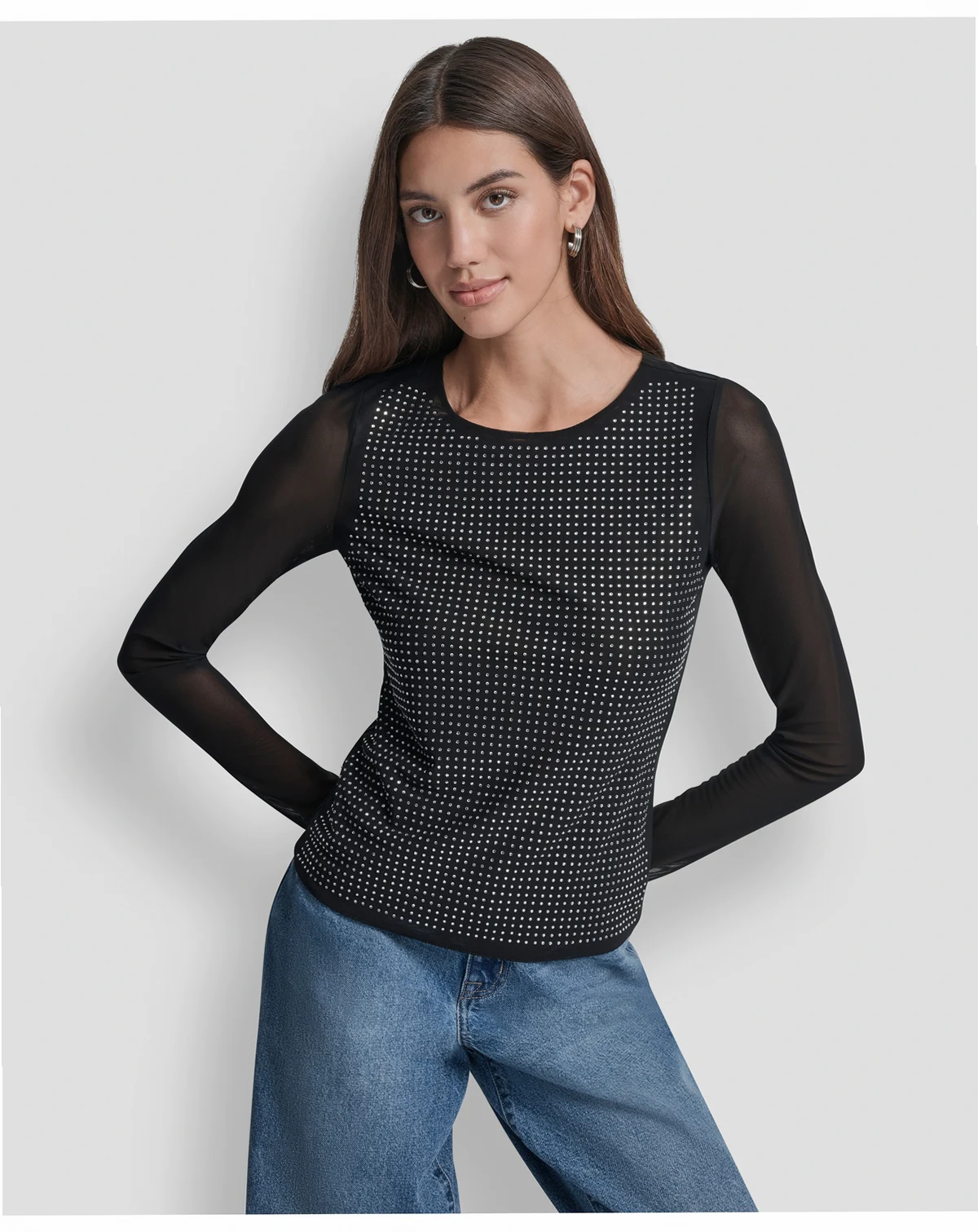 Women's Dome Studs Mesh Long Sleeve Slim Fit Top