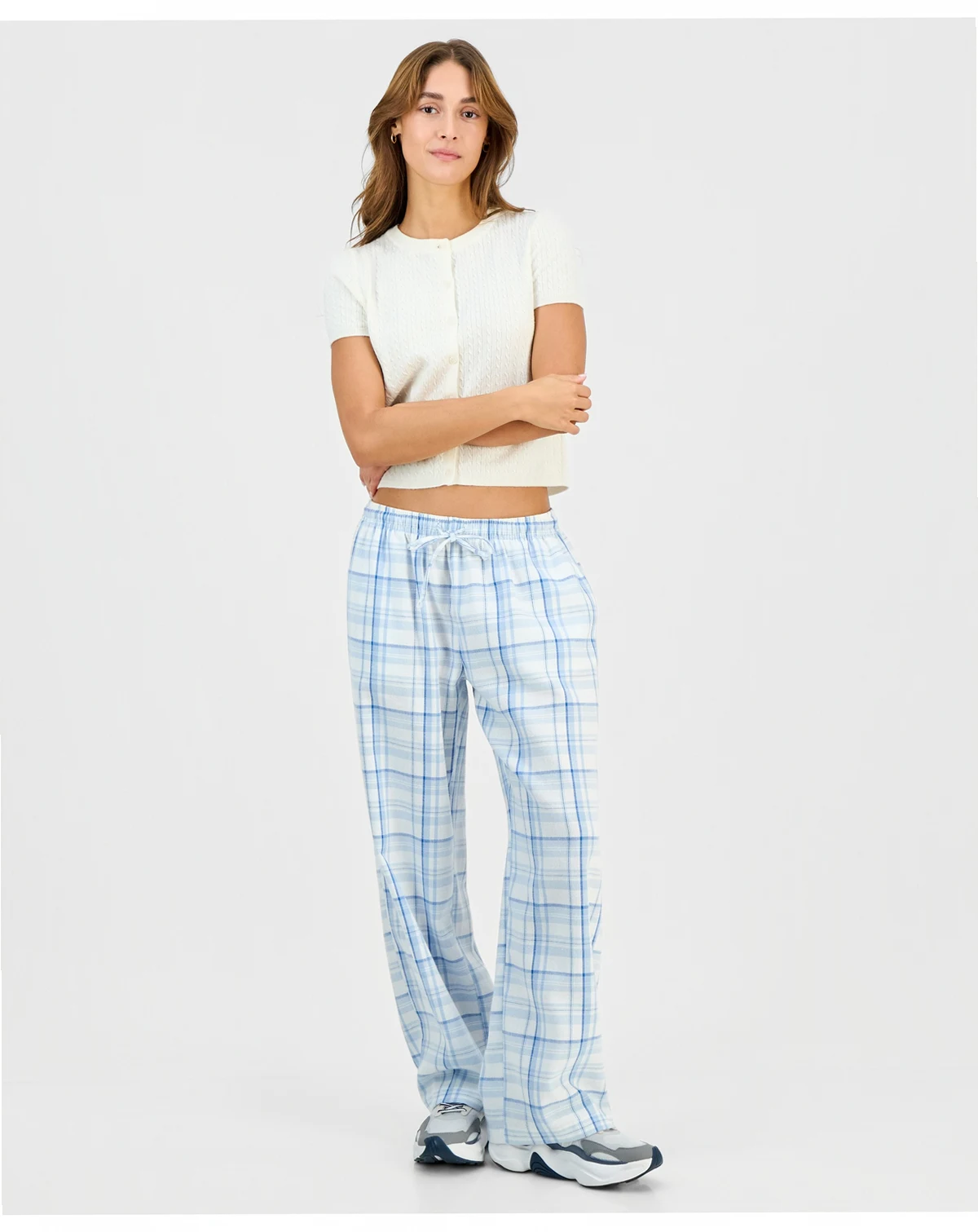 Juniors' Plaid-Print Tie-Waist Wide-Leg Pants