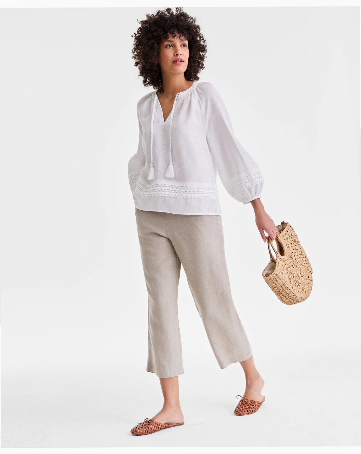 Women's 100% Linen Solid Cropped Pull-On Pants, Created for Macy's