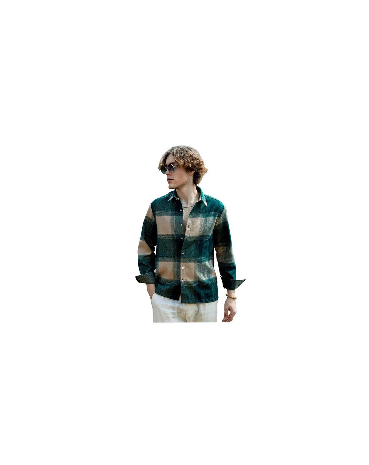 Men's Emerald Green & Buff Beige Vignette-Checkered Oversized Shirt