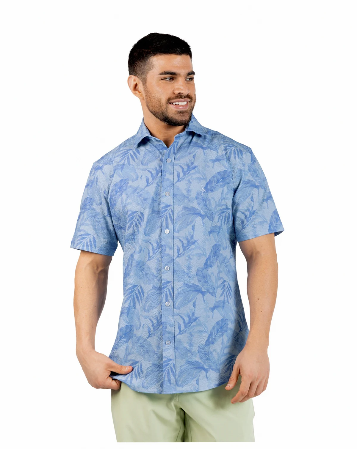 Men's Tropical Leaves Printed Seersucker Short Sleeve Shirt