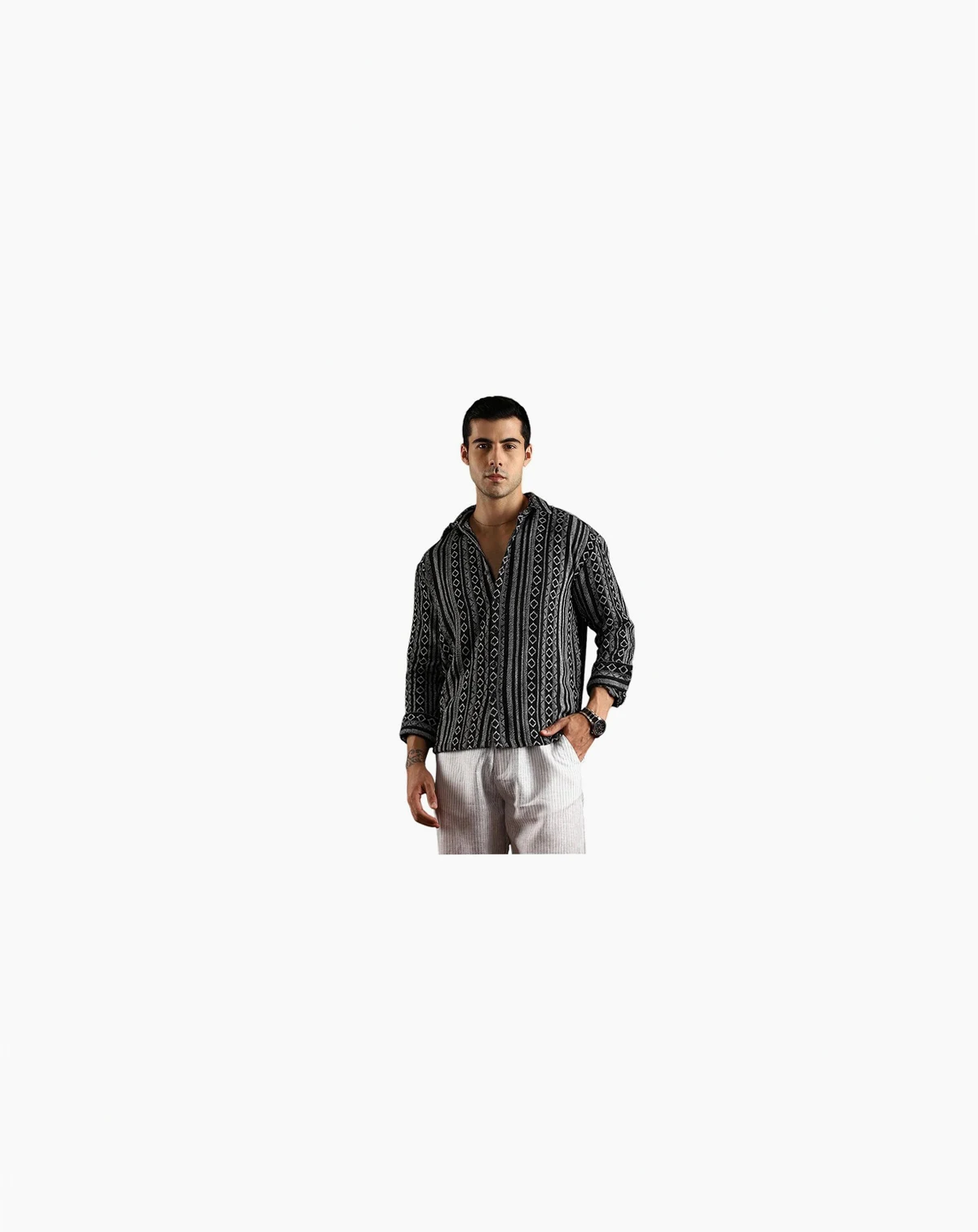 Men's Onyx Black Folk-Weave Shirt