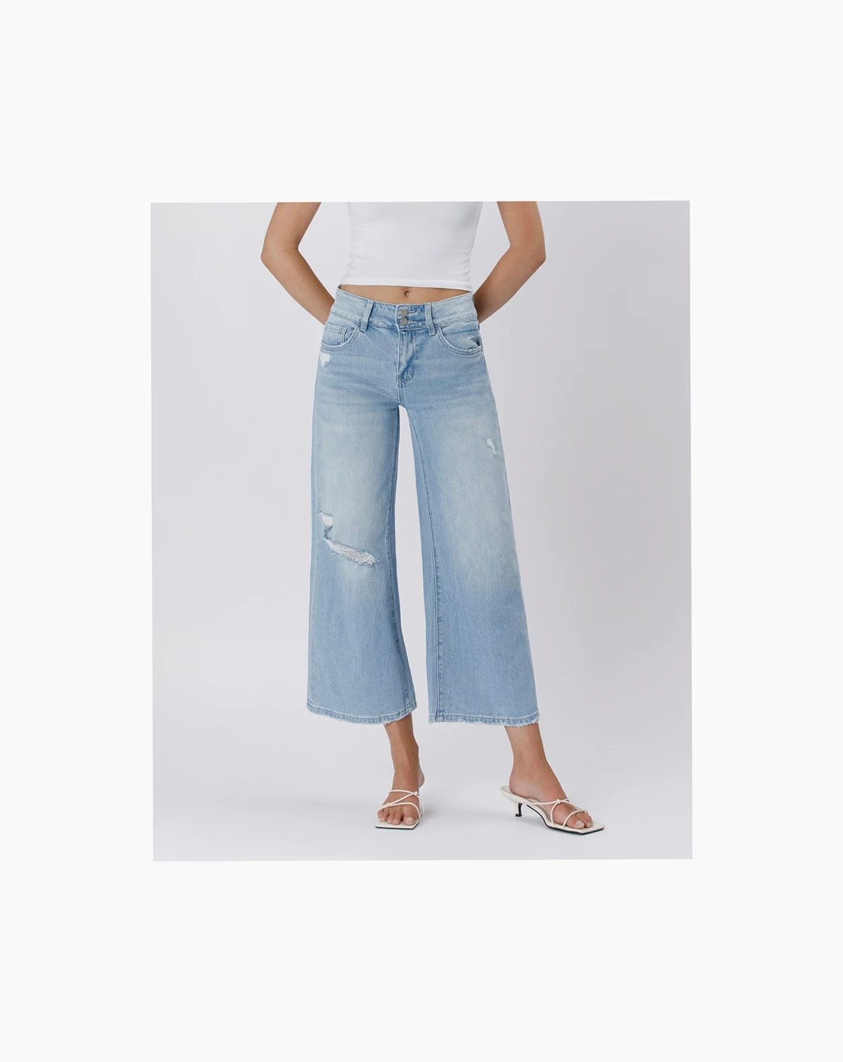 Women's High Rise Two Buttons Crop Wide Leg Jeans