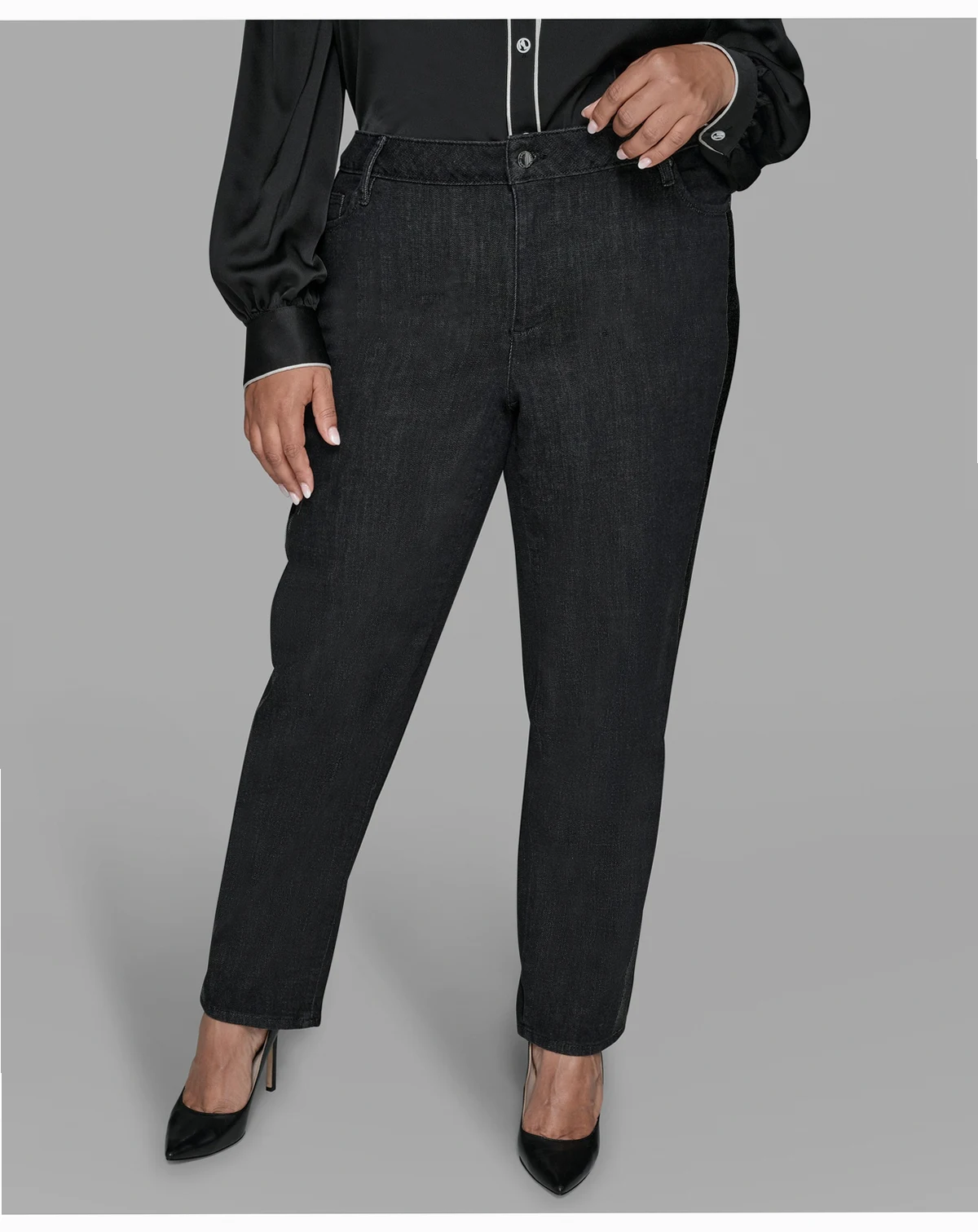 KARL LAGERFIELD PARIS Plus Size Rhinestone Trim High Rise Denim Pants