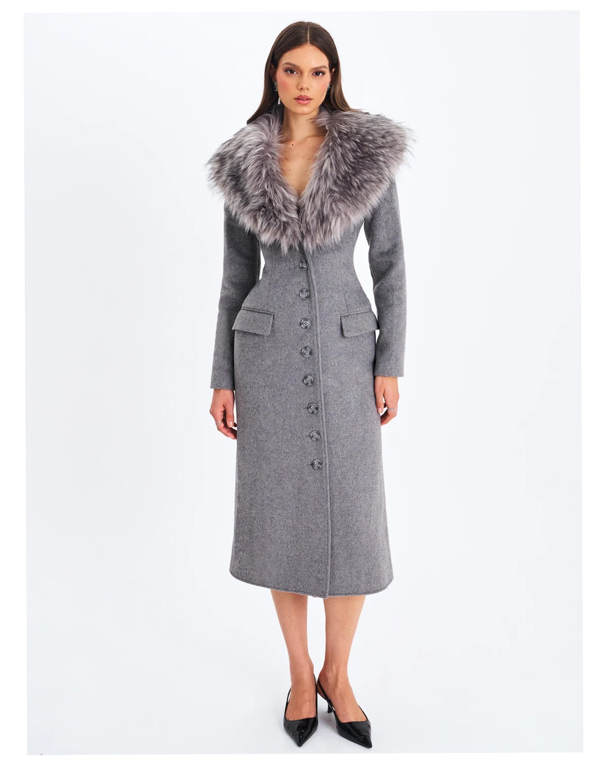 Women's Faye Grey Wool Blend Single-Breasted Coat with Removable Faux Fur Collar