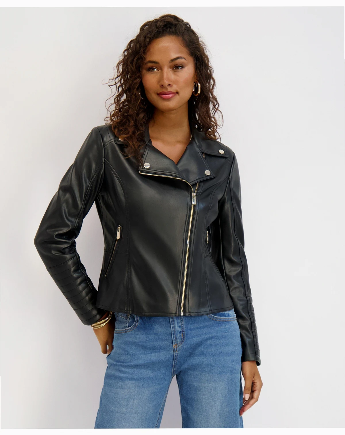 Women's Asymmetrical PU Peplum Moto Jacket with Quilting Details