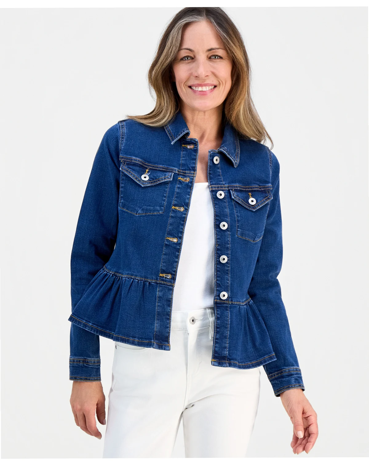 Petite Button-Front Peplum Denim Jacket, Macy's Exclusive