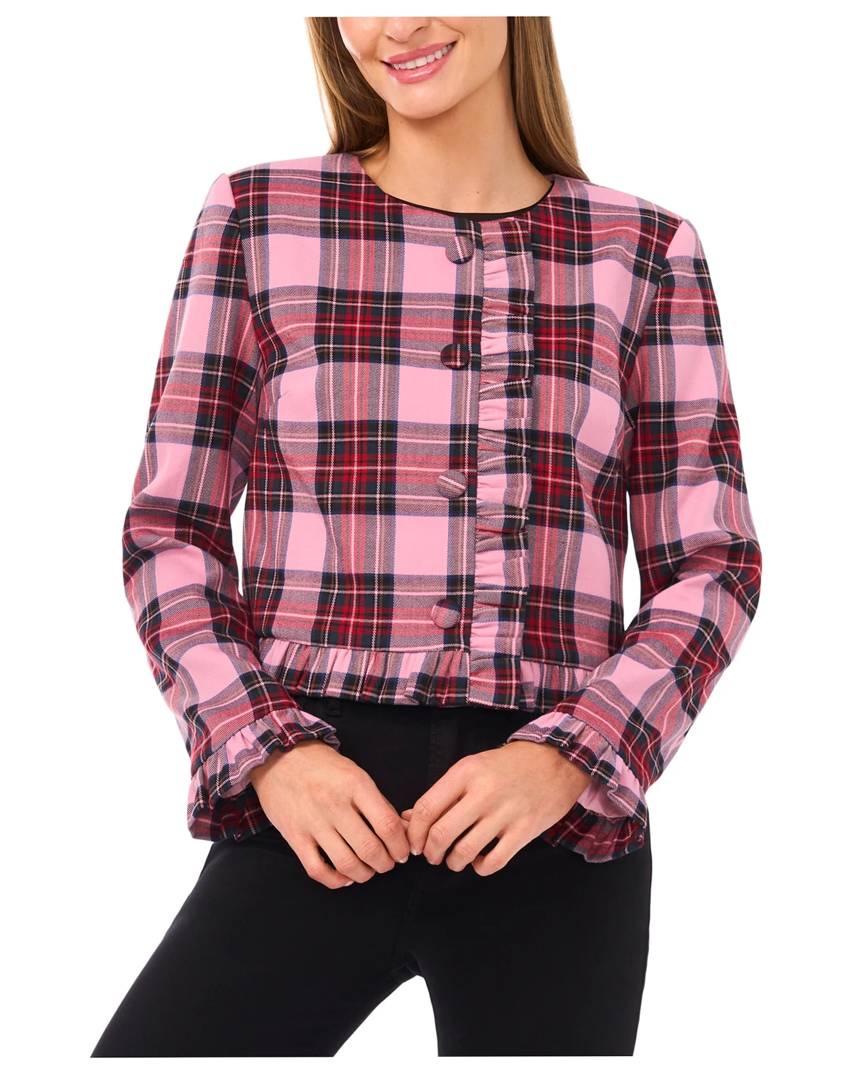 Women's Collarless Crew Neck Ruffle Detail Jacket