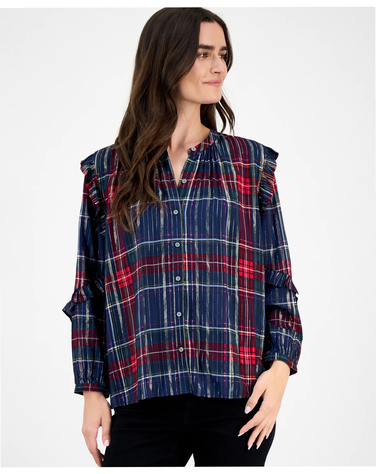 Women's Plaid Shine Ruffle Sleeve Blouse, Macy's Exclusive