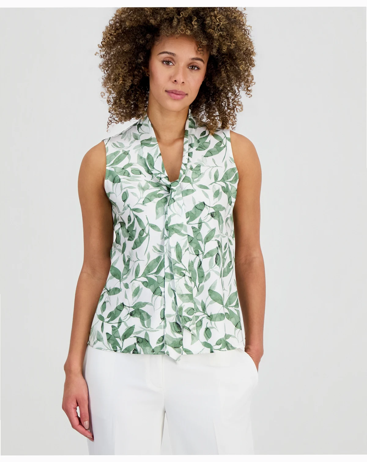 Women's Printed Tie-Neck Sleeveless Blouse, Regular & Petite
