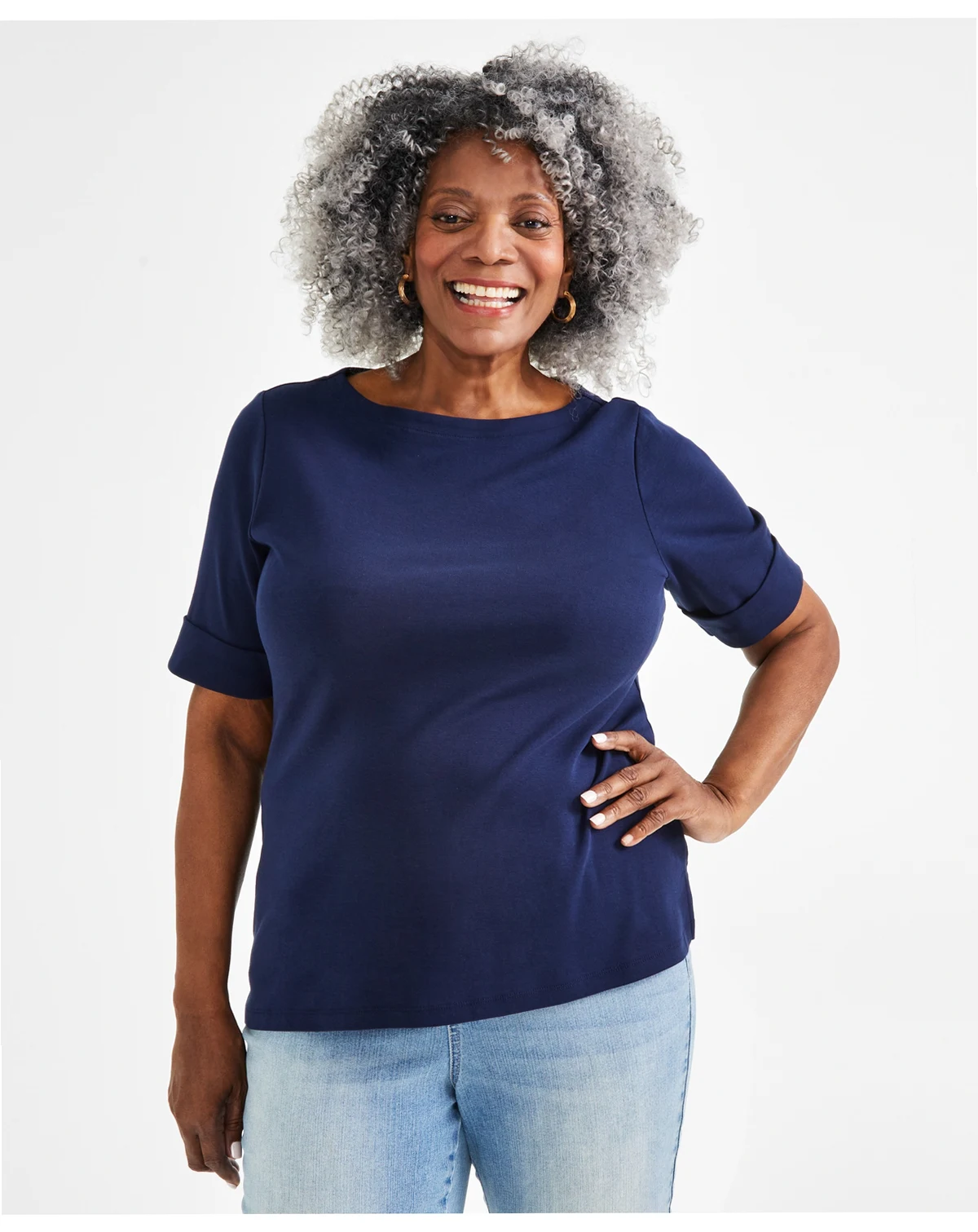 Women's Boat-Neck Elbow Sleeve Cotton Top, Macy's Exclusive