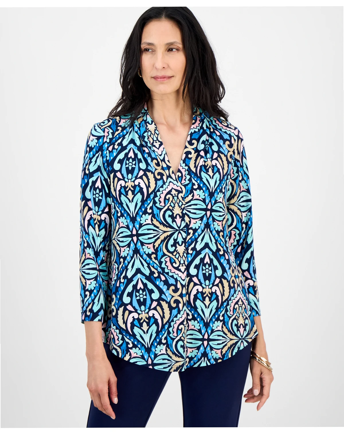 Petite Daniella Damask Printed 3/4-Sleeve Top, Macy's Exclusive