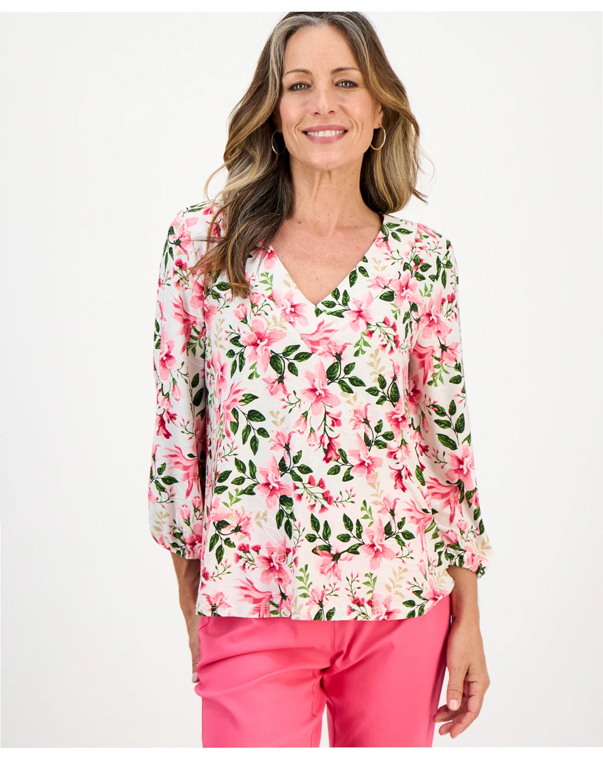 Petite Bethany Bouquet 3/4-Sleeve Jacquard Top, Macy's Exclusive