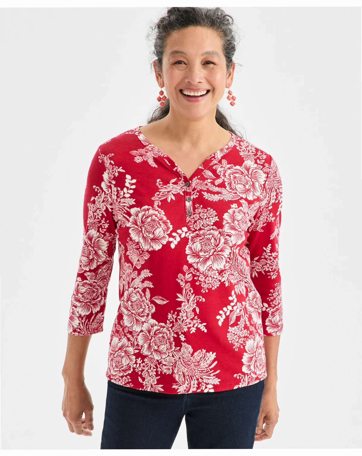 Petite Holiday Floral 3/4-Sleeve Henley Tee, Macy's Exclusive