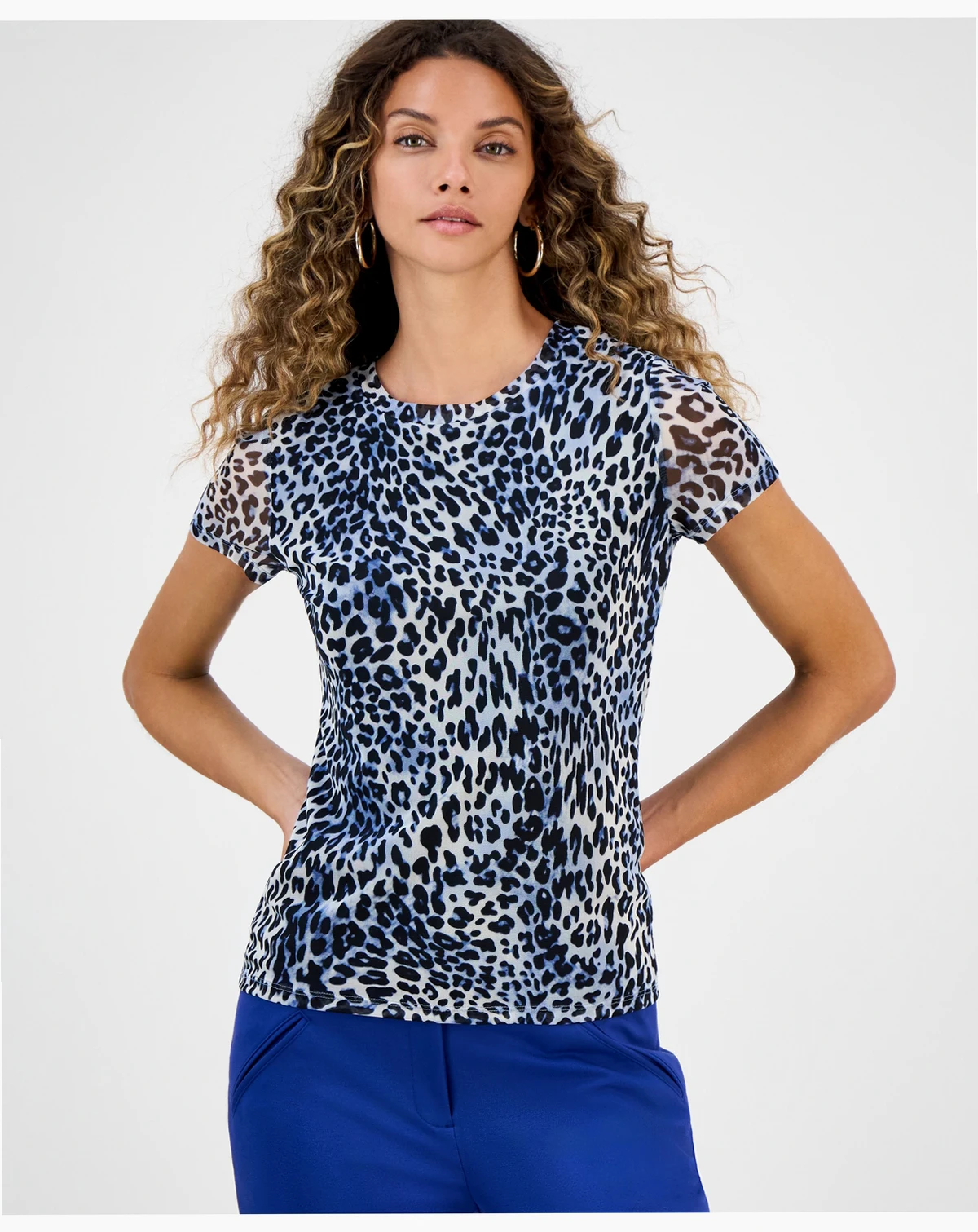 Women's Leopard-Print Short-Sleeve Mesh Top, Macy Exclusive