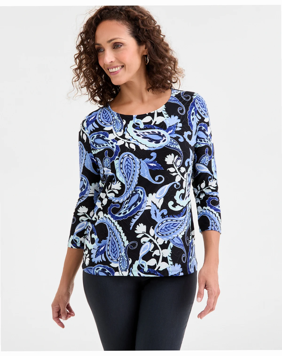 Women's Printed 3/4 Sleeve Scoop-Neck Jacquard Top, Macy's Exclusive