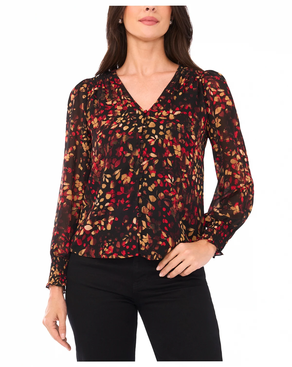 Petite V-Neck Smocked-Shoulder Blouse