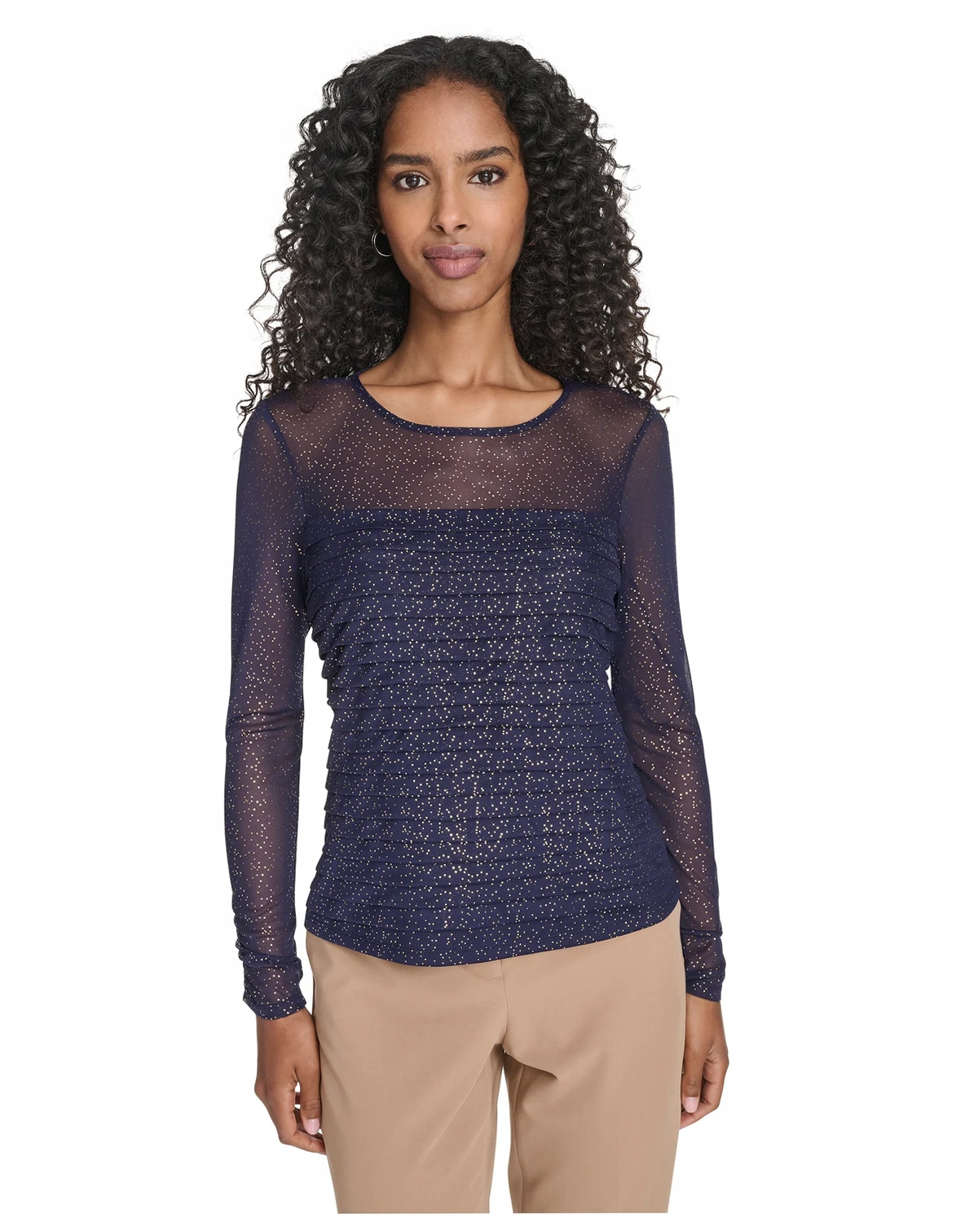 Women's Crew Neck Pleated Lurex Dot Top