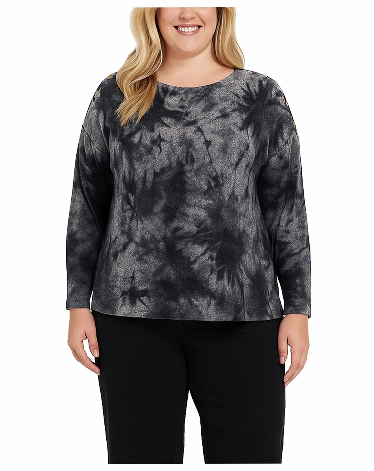 Plus Size Tie Dye Cozy Button Shoulder Long Sleeve Top