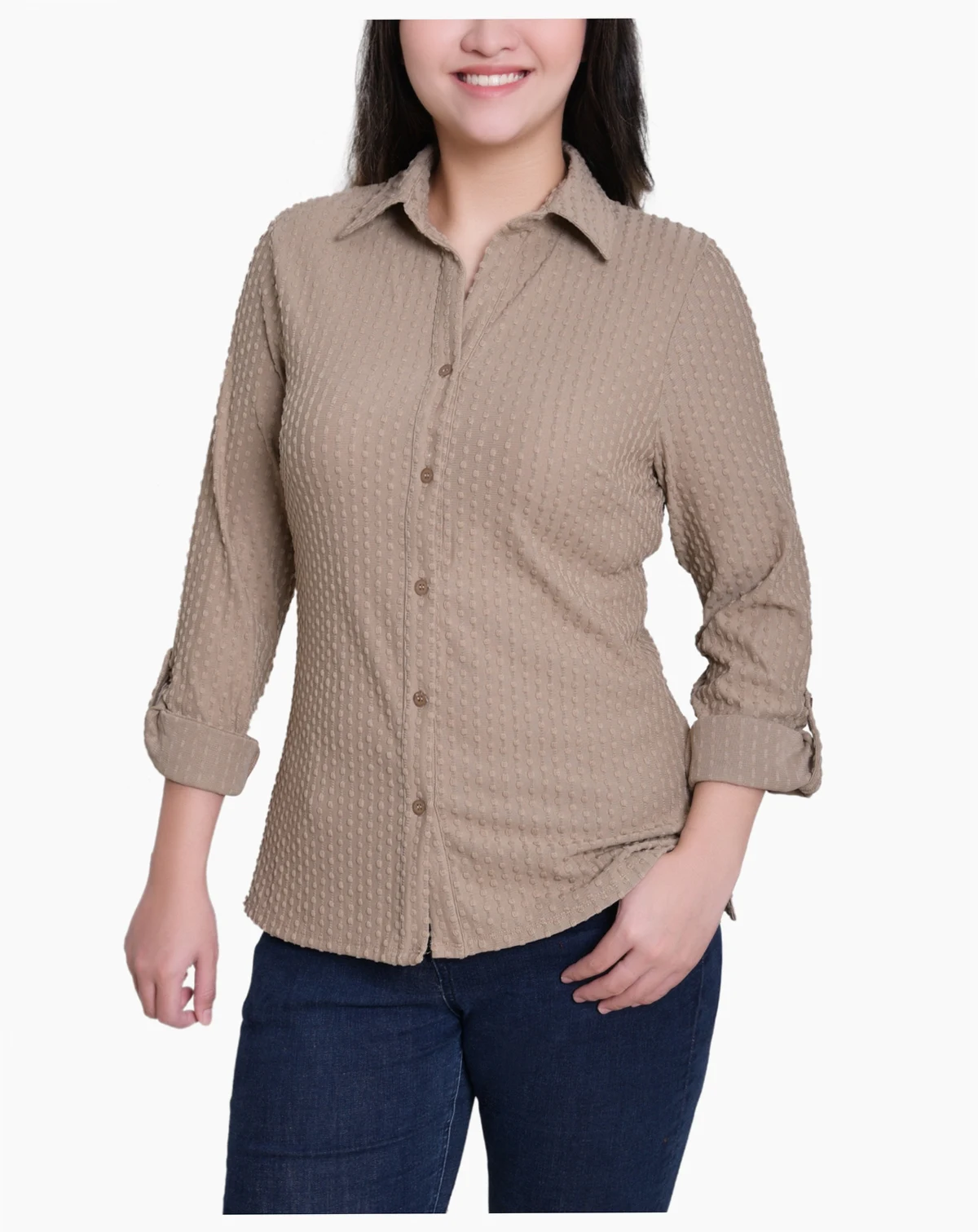 Women's Point Collar Long Sleeve Textured Knit Top