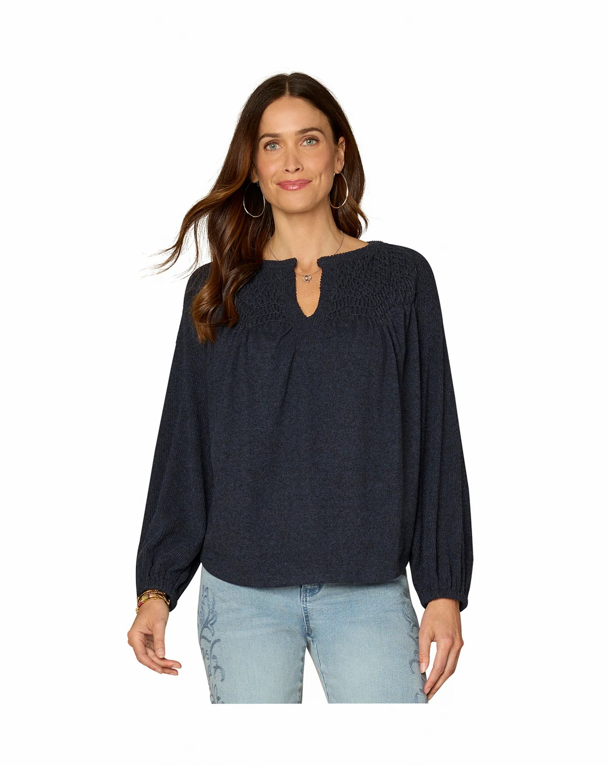 Petite Shirt Tail Knit Novelty Smocking Top