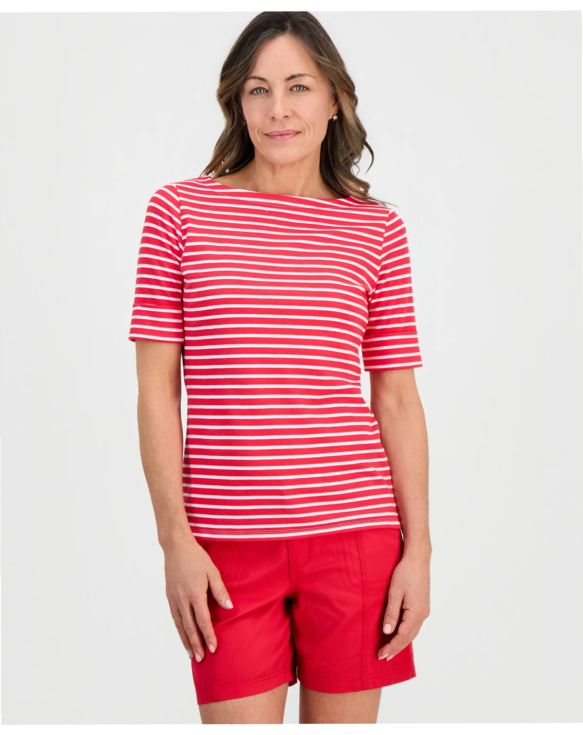 Petite Striped Boat-Neck Elbow-Sleeve Top, Macy's Exclusive