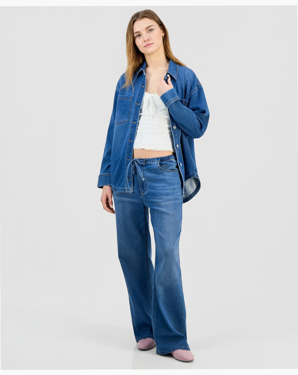 Juniors' Med Knit Denim Wide-Leg Jeans