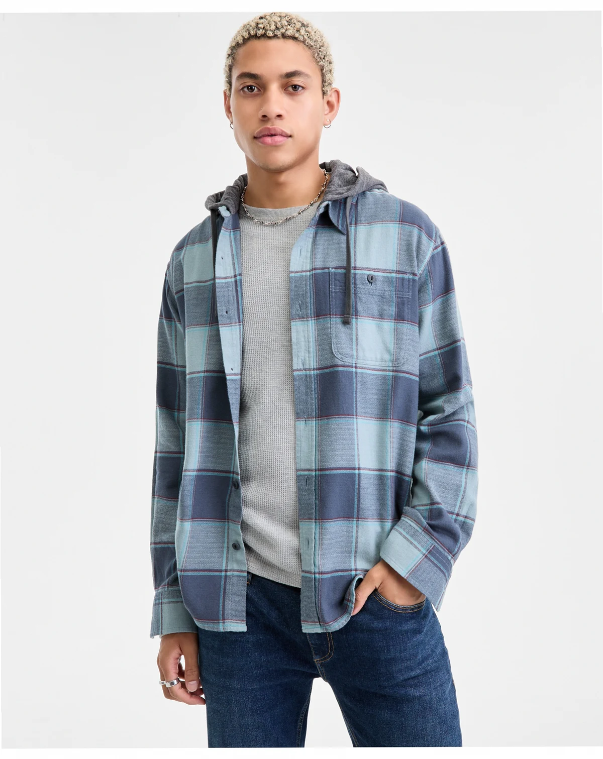 Men's Irving Layered-Look Hooded Cotton Flannel Plaid Shirt, Macy's Exclusive