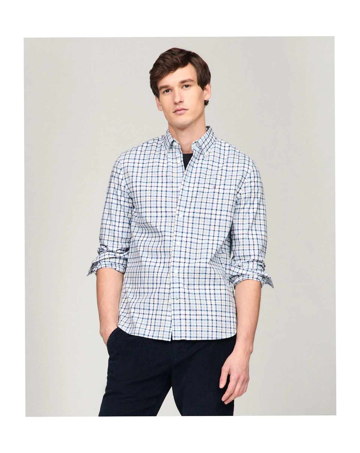 Men's Flex Poplin Tartan Slim-Fit Long-Sleeve Shirt