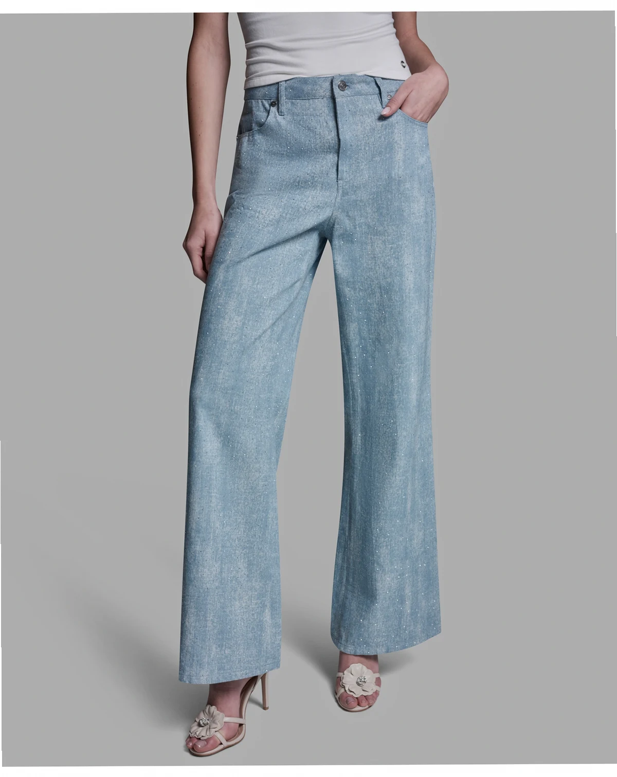 Women's Mid-Rise Embellished Detail Wide-Leg Jeans