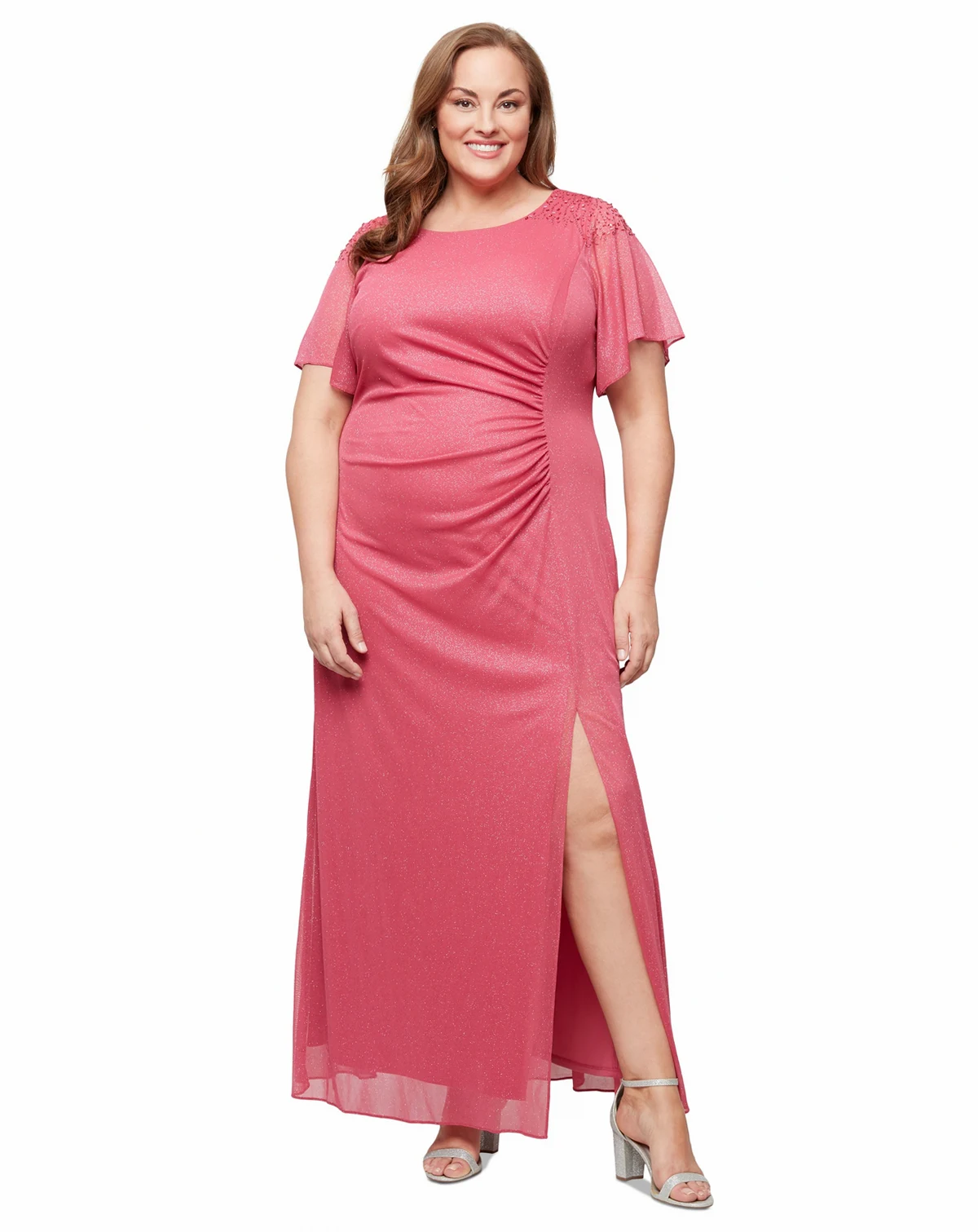 Plus Size Flutter-Sleeve Side-Ruched Glitter Gown