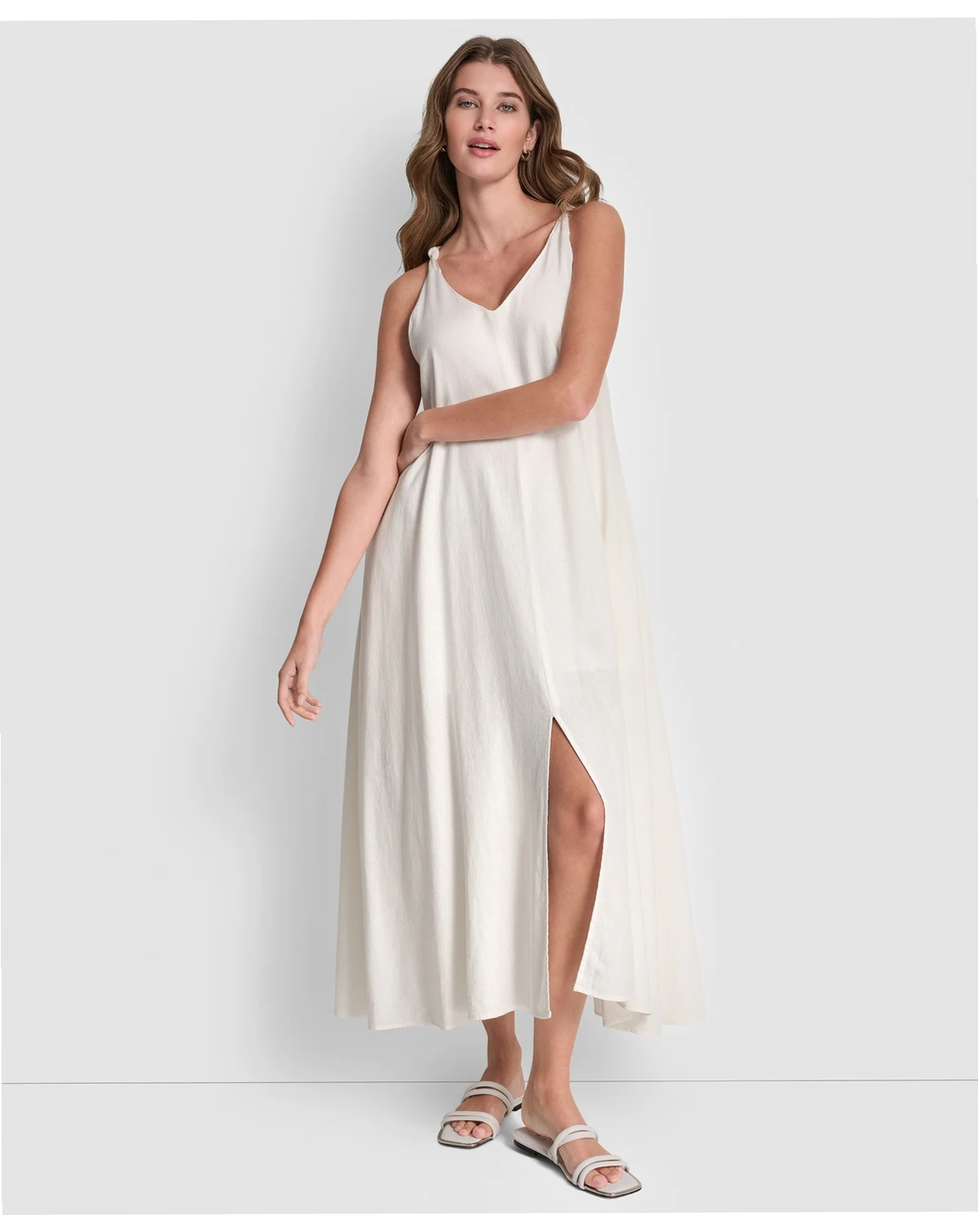 Women's Linen-Blend Knotted Strap V-Neck A-Line Dress