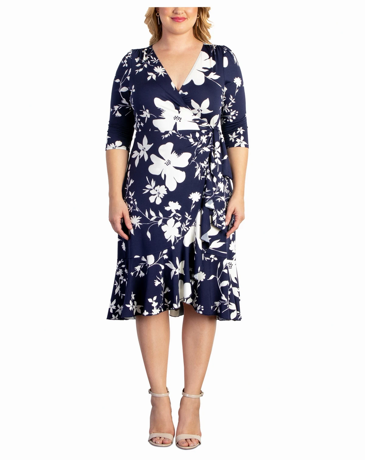 Plus Size Flirty Flounce 3/4-Sleeve Midi Wrap Dress