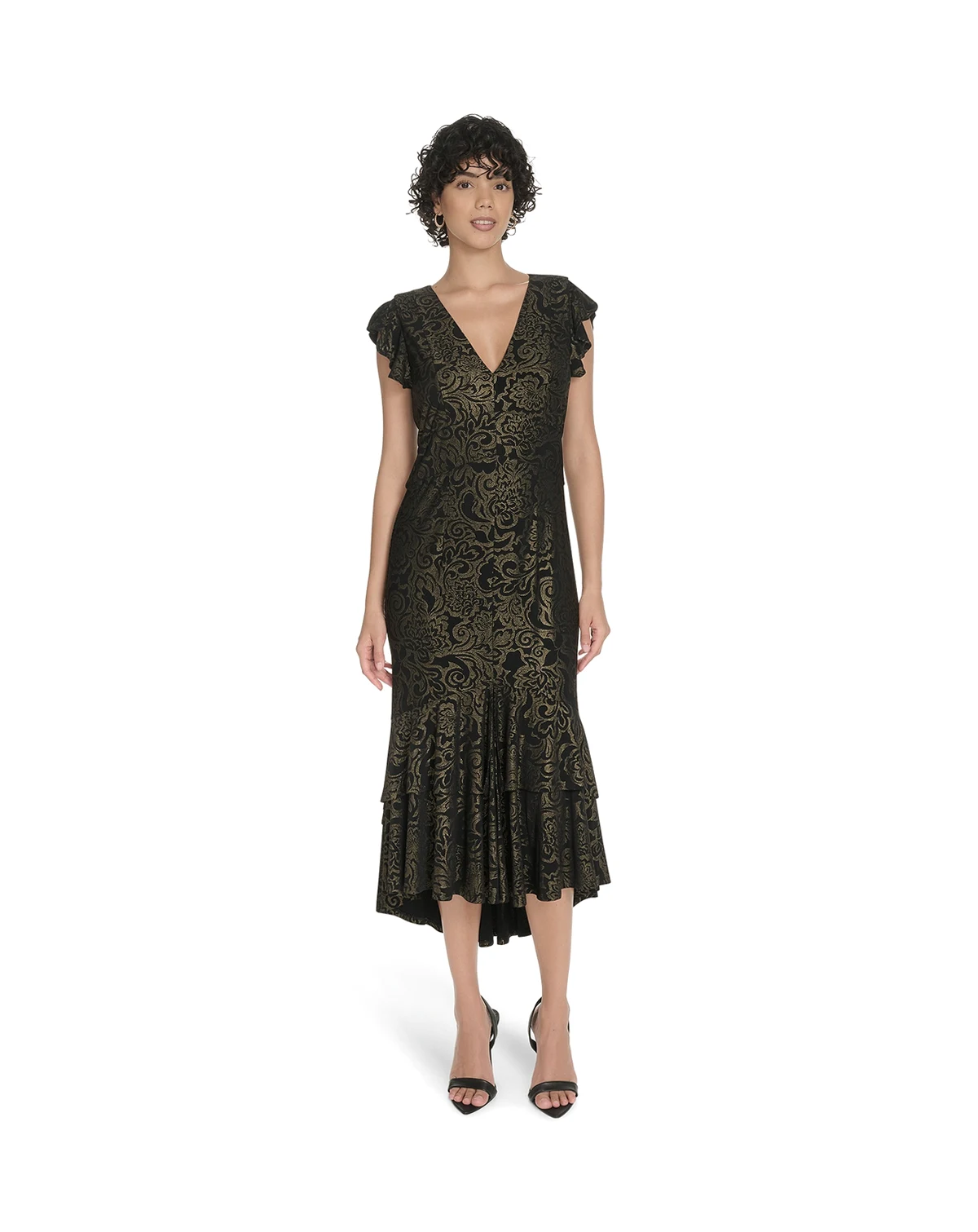 Women's V-Neck Tiered Hem Foil Midi Dress