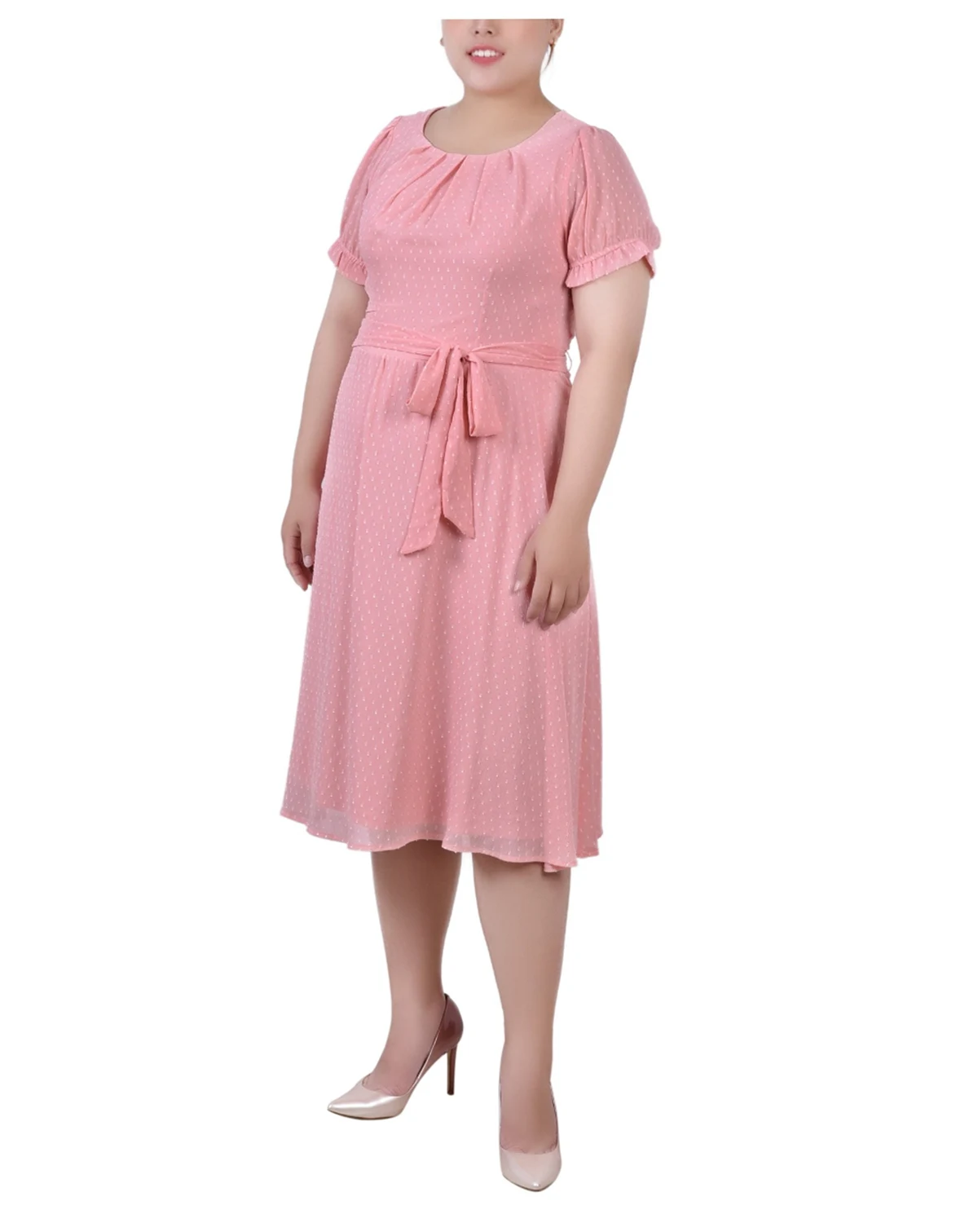 Plus Size Short Sleeve Belted Swiss Dot Dress