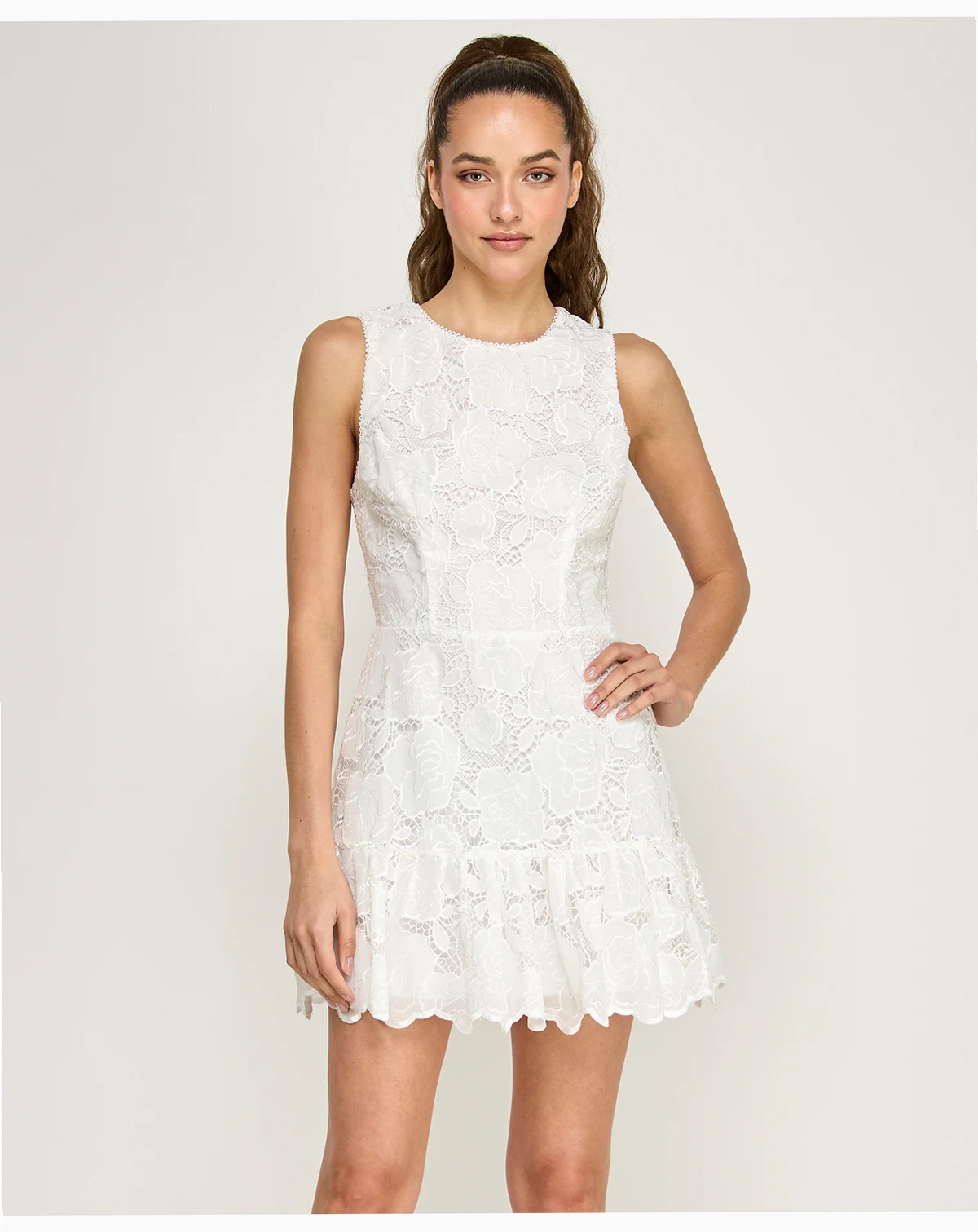 Juniors' Sleeveless Floral Embroidered Lace Crew Neck Dress