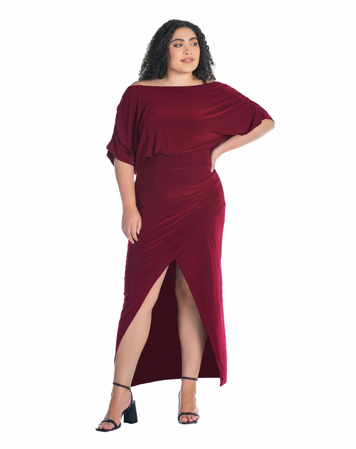 Plus Size Boat Neck Batwing Sleeve Slit Maxi Dress