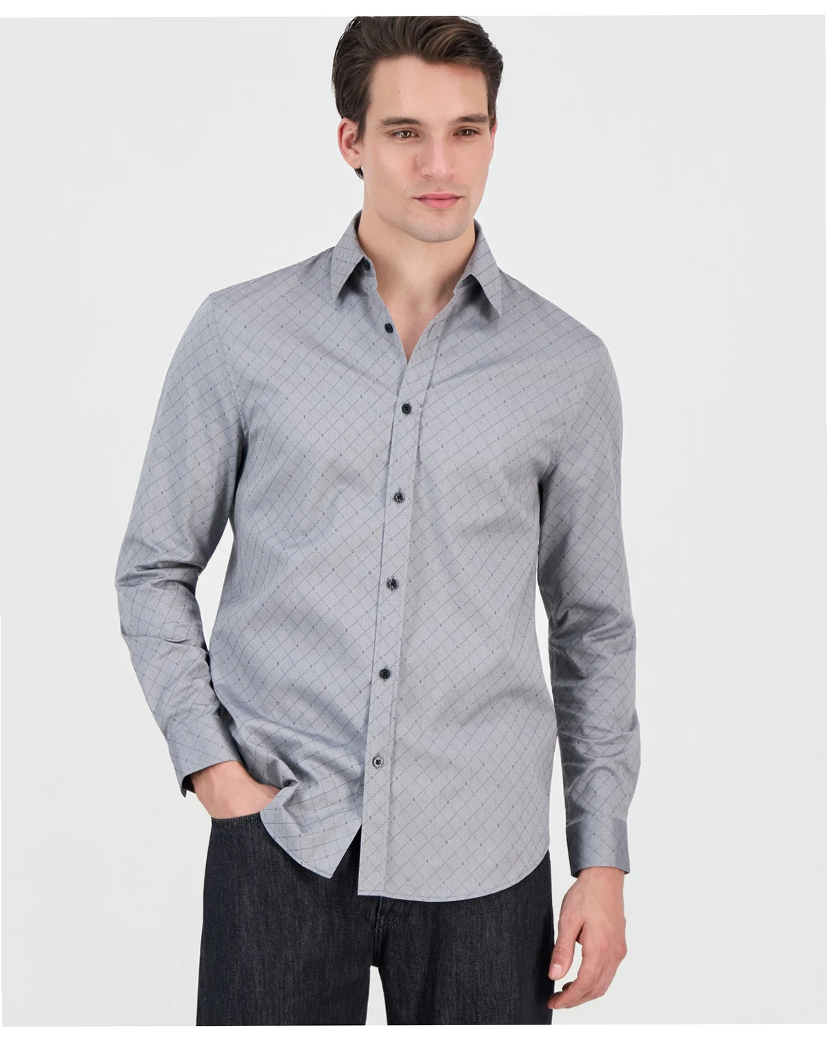 Men's Rhombus Jacquard Long-Sleeve Button-Front Shirt
