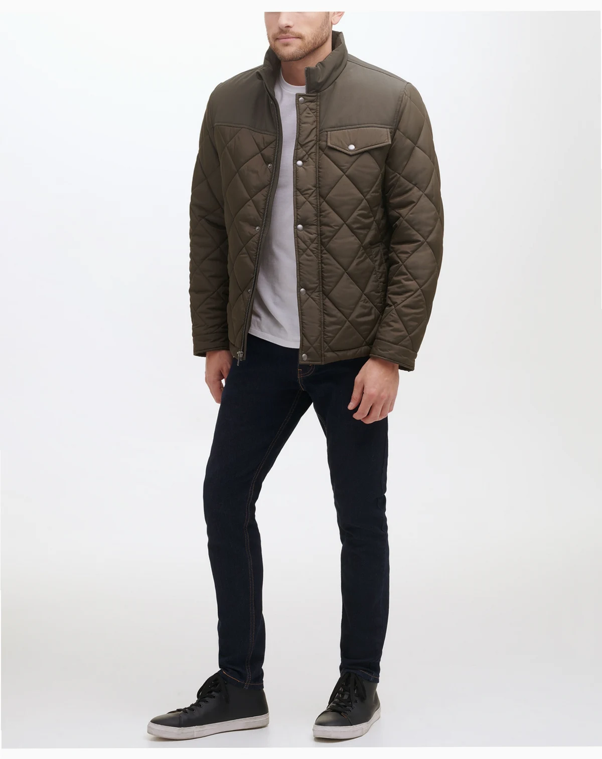 Men's Mixed Media Diamond Quilt with Faux Sherpa Lining Coat