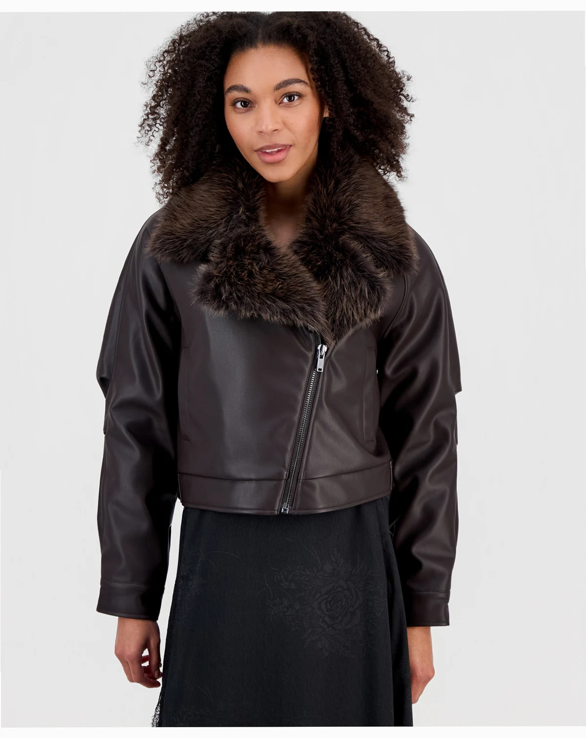 Women's Faux-Fur-Trim Faux Leather Moto Jacket, Macy's Exclusive