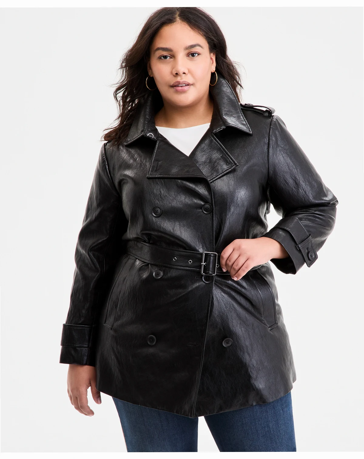 Plus Size Double-Breasted Faux-Leather Belted Trench Coat
