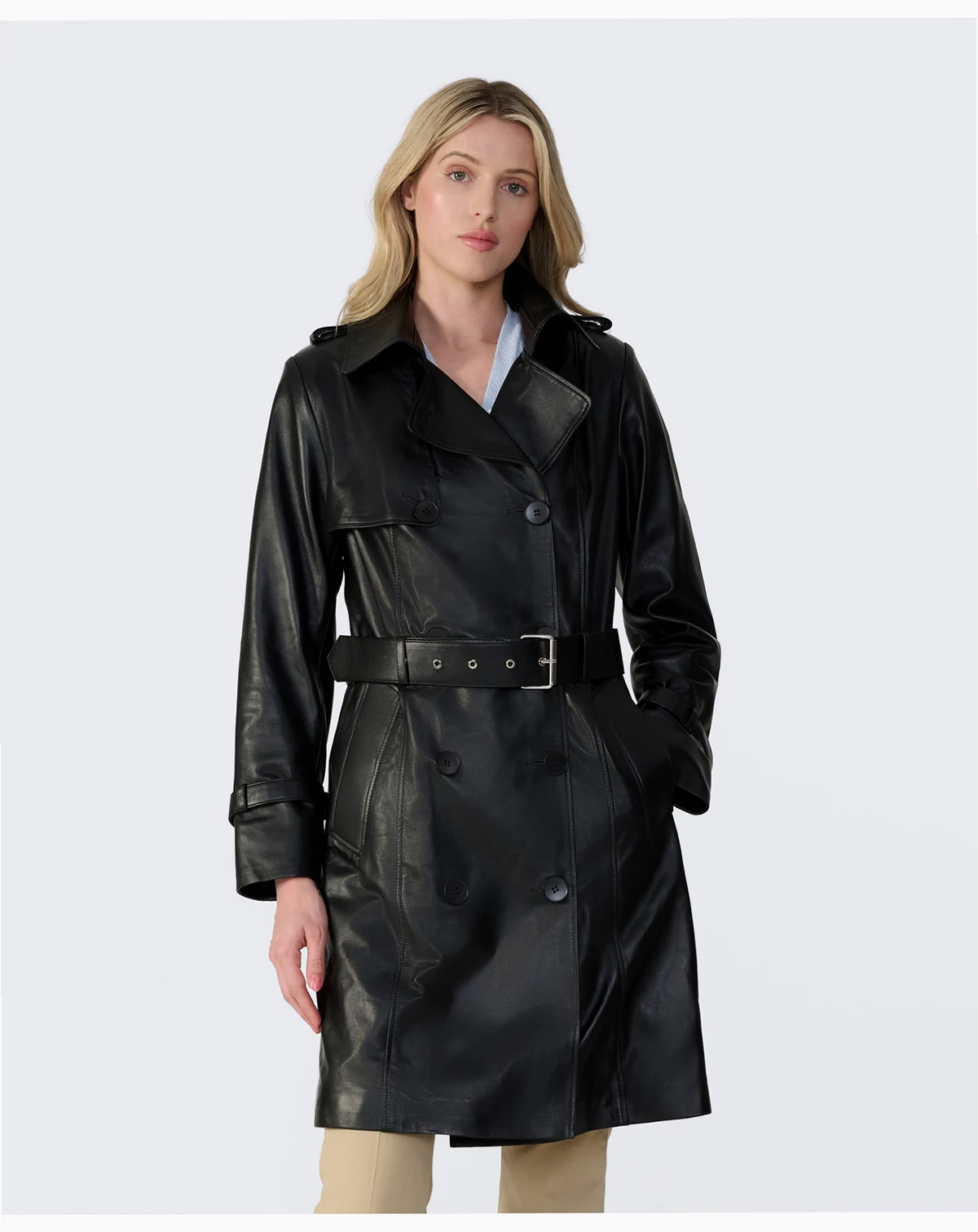 Women's Genuine Leather Trench Coat, Black